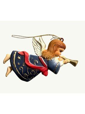 Angel Ornament With Trumpet Blue & Red Gold Accents Hanging Figurine Hong Kong